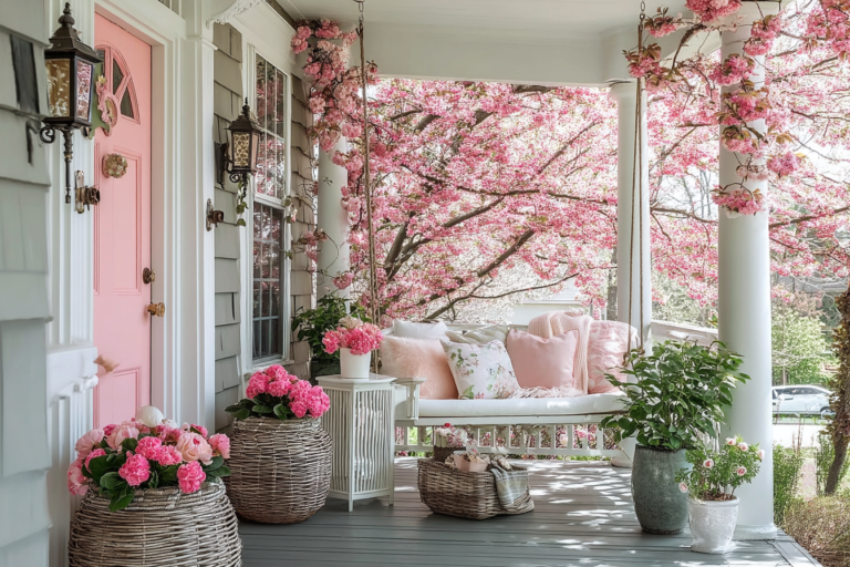 10 Spring Porch Decor Ideas with Pink Blossoms and Cozy Seating