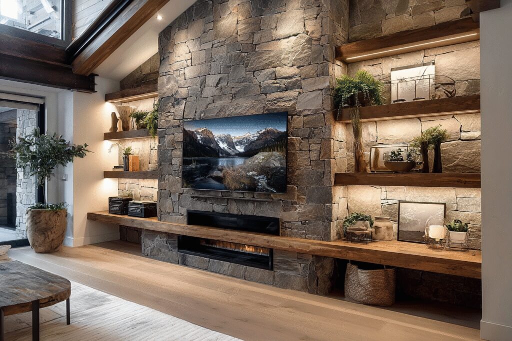 15 Stunning Apartment Decorating Ideas Featuring Rustic Stone Walls and Floating Shelves for a Cozy Home Vibe