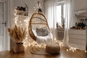 27 Room Ideas Aesthetic Cozy with Rattan Hanging Chairs and Magical Fairy Lights for Your Dream Sanctuary