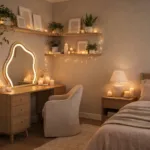 Cozy Vanity in Bedroom Corner with Warm Lighting, Plants  Soft Neutral Tones