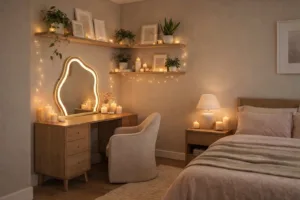 Cozy Vanity in Bedroom Corner with Warm Lighting, Plants  Soft Neutral Tones