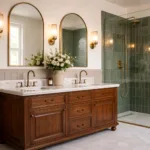 Timeless Vintage Double Vanity Bathroom with Brass Details  Green Tile Shower Design