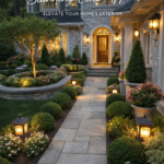Elegant Front Entry Landscaping with Stone Walkway, Boxwoods and Warm Outdoor Lighting