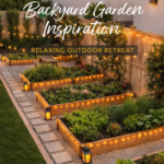 Modern Backyard Raised Bed Garden Ideas with String Lights and Stone Path