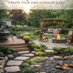 Modern Backyard Landscaping Ideas with Flagstone Walkway, Fire Pit  Wood Deck Design