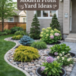 Modern Front Yard Landscaping with Rock Garden, Hydrangeas, and Evergreens