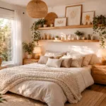 Boho Neutral Bedroom Decor Ideas Cozy Aesthetic with Plants and Wood Shelves