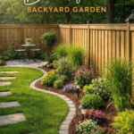 Small Backyard Landscaping Ideas with Curved Flower Beds and Privacy Fence