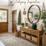 Modern Farmhouse Entryway Decor Ideas with Wood Bench and Oval Mirror