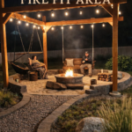 DIY Outdoor Fire Pit Pergola with Hanging Swings and String Lights Backyard Ideas
