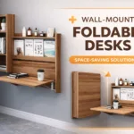 Space-Saving Floating Walnut Desk with Bookshelf  Small Home Office Idea