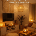 Cozy Boho Living Room Decor Ideas with Warm Ambient Lighting and Macrame Wall Art