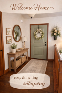 Sage Green Front Door Entryway Decor Ideas with Console Table and Runner Rug