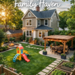 Small Backyard Landscaping Ideas with Pergola, Raised Garden Beds, and Kids Playset