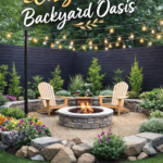 Modern Backyard Fire Pit Design with String Lights and Adirondack Chairs