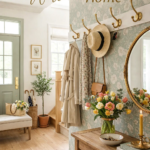 English Country Entryway with Floral Wallpaper, Sage Green Door  Brass Hooks