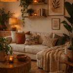 Cozy Boho Living Room Decor with Warm Lighting and Earthy Neutral Style