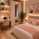 Cozy Pink Aesthetic Bedroom Ideas with LED Lighting, Modern Small Room Decor
