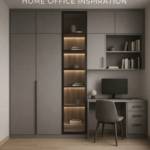 Modern Gray Built-in Wardrobe with Integrated Desk and Illuminated Glass Shelves